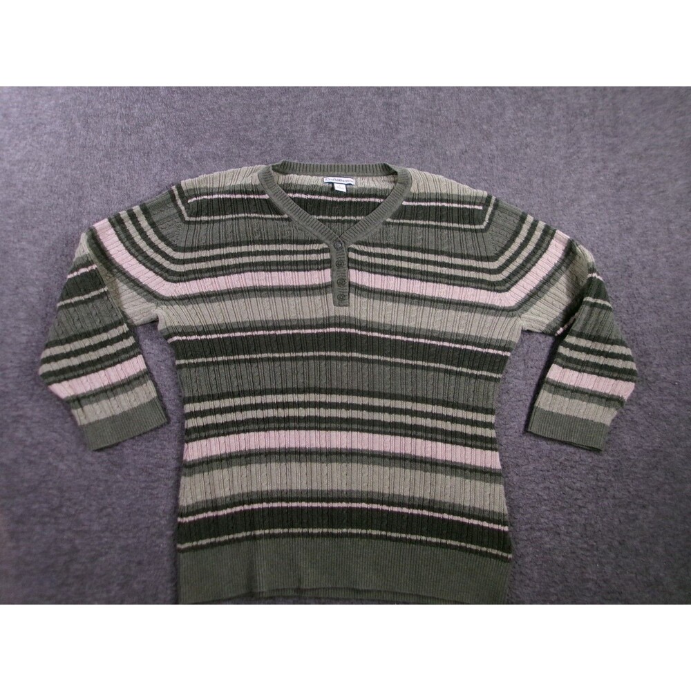 Croft Barrow Sweater Women Large Green Striped Henley Causal Office Capsule Cozy